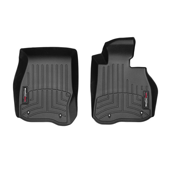 Weathertech Floorliner for BMW 4 Series Coupe/Gran Coupe/Cabrio (2014-2020, RWD) 1st row—two black molded mats with textured grooves, raised edges, and a small branded label provide superior floor protection and perfect vehicle fit.