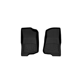 WeatherTech Floorliner HP for Jeep Wrangler (2018-) 1st Row: two black, custom-fit mats with raised edges and textured patterns offer top carpet protection, shown side by side on a white background.