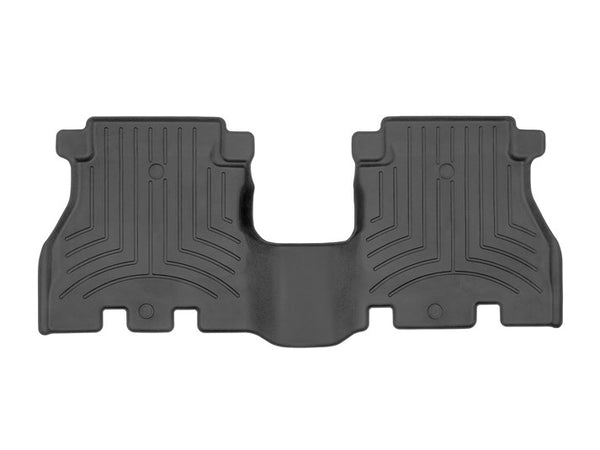 The WeatherTech Floor Liner HP for Jeep Wrangler 4-Door (2018-) is a black, contoured rubber rear floor mat with raised edges and grooves, offering superior protection by covering both sides and the center hump.