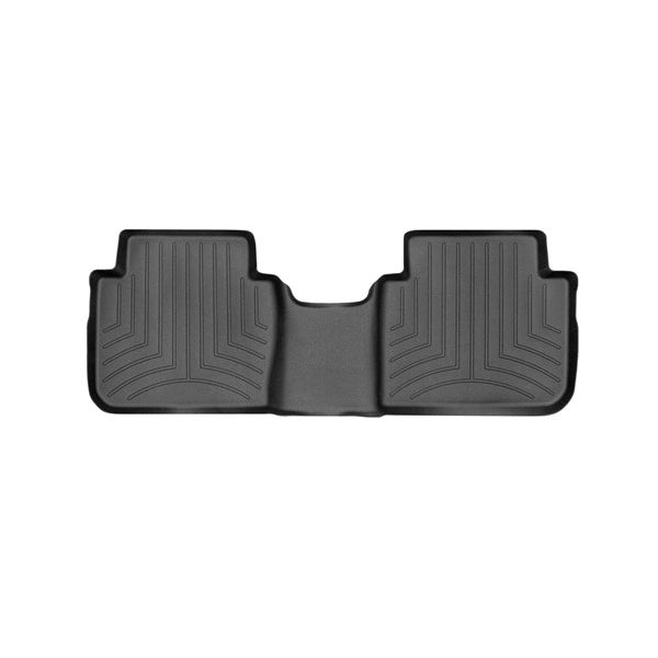 The WeatherTech Floorliner HP for Jeep Gladiator (2020-) 2nd Row is a black, contoured rubber rear floor mat with raised edges and grooves, delivering top-tier protection as a rear interior carpet liner.