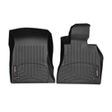 WeatherTech FloorLiner mats for BMW 2 Series Active Tourer (F45) 2014–2020 / X1 AWD (F48) 1st row, feature black custom-fit design, textured grooves, raised edges, and small corner logos for superior front interior protection.