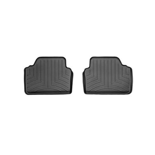 A pair of black WeatherTech Floorliner mats for BMW 3 Series Sedan/Wagon (E90/E91, 2005-2014), featuring raised edges and grooves for superior floor protection, displayed side by side on a white background.