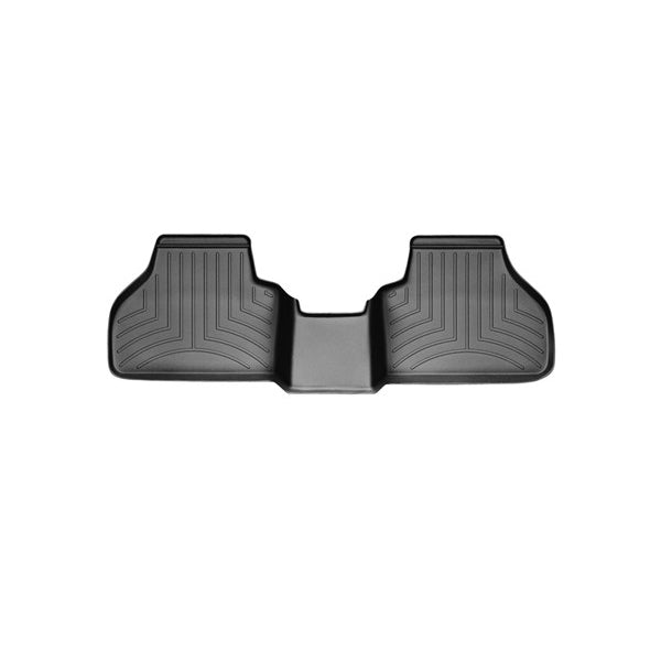 The Weathertech Floorliner for BMW X4 (2010-2018)(F26) and X3 (2010-2017)(F25), 2nd row, features black rubber with raised edges and grooves, delivering superior rear carpet protection. Isolated on a white background.