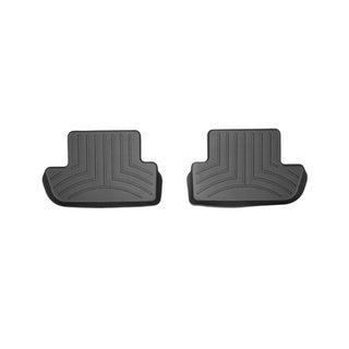 Two black, rectangular WeatherTech FloorLiner mats for BMW 6 Series Coupe/Cabrio (2012-2018) 2nd row, with raised edges and grooves, are shown side by side on a white background, providing superior interior carpet protection.