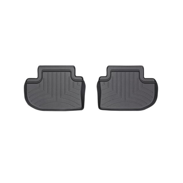 Two black Weathertech Floorliners for the BMW 6 Series Gran Coupe (2012-2018) 2nd row are shown side by side, featuring raised edges and grooves to trap dirt and protect your car’s carpet.