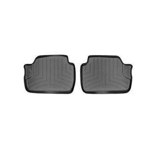 Two black Weathertech Floorliners for the 2nd row of BMW 1 Hatch (F21) 2014-2019 and 2 Series Coupe (F22) 2014-2020, featuring raised textured patterns for superior floor protection, are placed side by side on a white background.