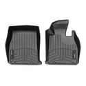 Two black Weathertech Floorliner mats custom-fit for BMW 3 Series (2014-2019) 1st row offer superior carpet protection with raised edges, grooved patterns, and a small branded label in the corner, shown side by side on a white background.