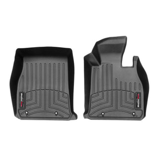 Two black Weathertech Floorliner mats custom-fit for BMW 3 Series (2014-2019) 1st row offer superior carpet protection with raised edges, grooved patterns, and a small branded label in the corner, shown side by side on a white background.