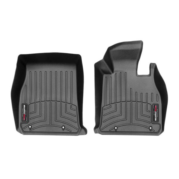 Two black Weathertech Floorliner mats custom-fit for BMW 3 Series (2014-2019) 1st row offer superior carpet protection with raised edges, grooved patterns, and a small branded label in the corner, shown side by side on a white background.