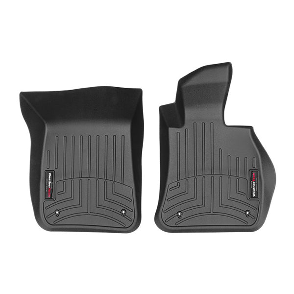 Weathertech Floorliner for BMW X1 2WD Auto (2009-2015) E84, 1st row: black, molded all-weather mats with grooves and raised edges for superior protection. Model-specific fit, with a logo tag like premium carpet liners.
