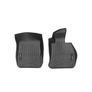 Weathertech Floorliner for BMW X1 AWD Auto (2009-2015) E84, 1st Row: two black, custom-fit mats with grooved patterns and raised edges, shown side by side on a white background, offer superior carpet protection.
