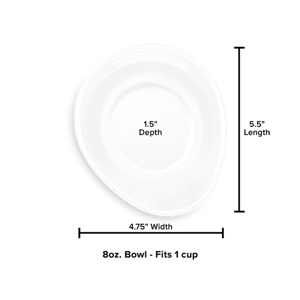 Top view of the white, oval WeatherTech Single Pet Feeding Bowl Plastic by WeatherTech, 5.5" L x 4.75" W x 1.5" D, 8 oz capacity (fits 1 cup), non-toxic and dishwasher safe for pet safety and easy cleaning.