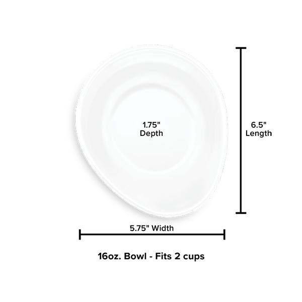 The WeatherTech Single Pet Feeding Bowl Plastic is a white, oval, non-toxic bowl (6.5"L x 5.75"W x 1.75"D) that holds 16 oz (2 cups), ensuring pet safety and easy cleanup from trusted brand WeatherTech.