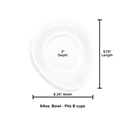 Top view of a white WeatherTech Single Pet Feeding Bowl (plastic) with labeled dimensions: 3" depth, 9.75" length, 8.25" width. Holds 64 oz (fits 8 cups). Dishwasher safe for easy cleaning and everyday use. Brand: WeatherTech.