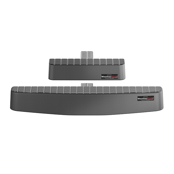Two WeatherTech BumpStepXL 24 AU Version bumper protectors are shown from above on a white background, featuring textured gray surfaces and red-and-white logos; one protects the bumper, while the other fits smaller hitch sizes.