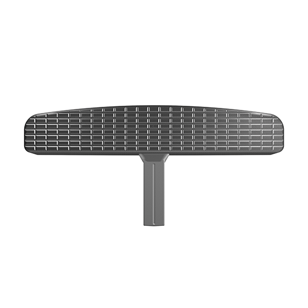 A flat, rectangular, gray golf putter with a checkered face and short hosel offers front bumper protection, inspired by the Weathertech BumpStepXL 24 - AU Version (Standard Plated Hitch Hardware).