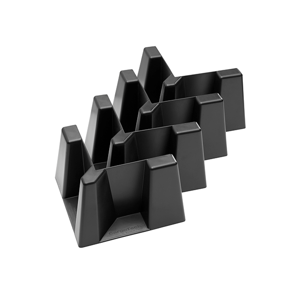 Weathertech Cargo Tech black plastic cable management holders, with an angular V-shaped design inspired by cargo containment systems, are arranged in a row on a white background.