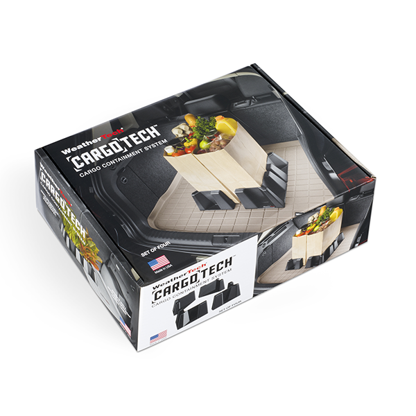 A box of Weathertech Cargo Tech shows the sturdy plastic cargo containment system holding grocery bags upright in a car trunk. The black packaging features product images and Weathertech branding.