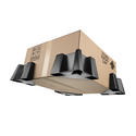A Weathertech Cargo Tech cardboard box labeled This Side Up and Fragile has four black plastic corner protectors on each bottom corner, appearing to float against a white background.