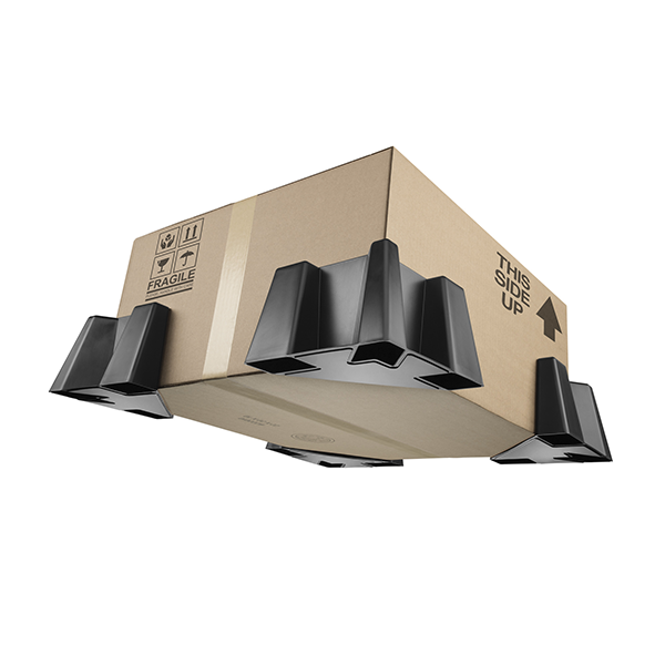 A Weathertech Cargo Tech cardboard box labeled This Side Up and Fragile has four black plastic corner protectors on each bottom corner, appearing to float against a white background.