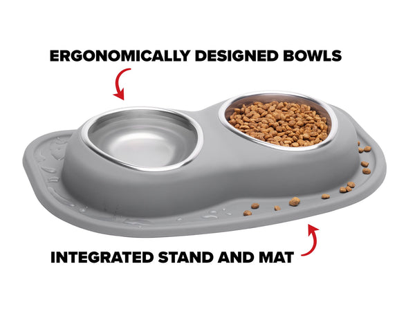 The WeatherTech Double Compact Pet Feeding System in gray features ergonomic bowls for food and water, a space-saving integrated stand, and a mat to catch spills for easy cleanup. Convenient, compact design by WeatherTech.