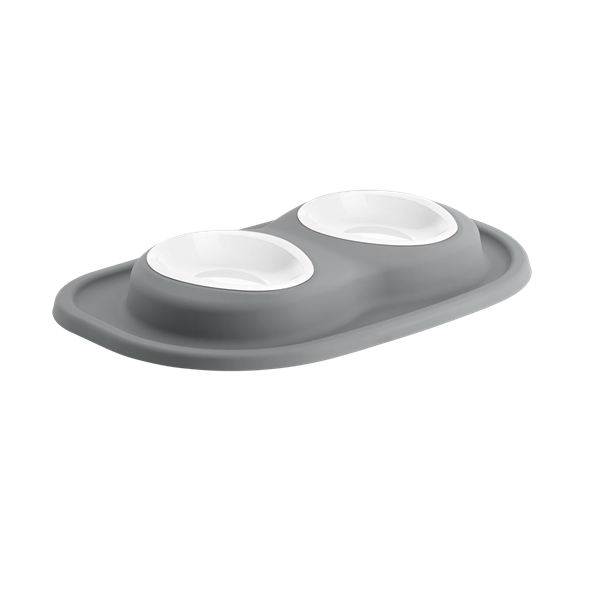 The WeatherTech Double Compact Pet Feeding System, by WeatherTech, features ergonomic gray bowls for food and water side by side—an ideal space-saving pet feeder.