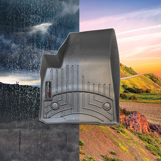 The Weathertech Floorliner for BMW 2 Series Active Tourer (F45) and X1 AWD (F48) 1st Row is shown centered over a split background—stormy on the left, sunny on the right—showcasing superior carpet protection in any weather.