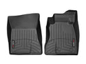 Two black WeatherTech Floorliner mats for the Ford Mustang (2015-) 1st row, designed for driver and passenger sides with raised edges and grooves, provide superior floor protection and are displayed on a white background.
