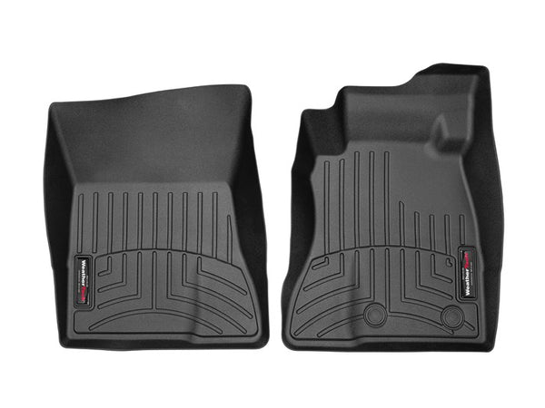Two black WeatherTech Floorliner mats for the Ford Mustang (2015-) 1st row, designed for driver and passenger sides with raised edges and grooves, provide superior floor protection and are displayed on a white background.