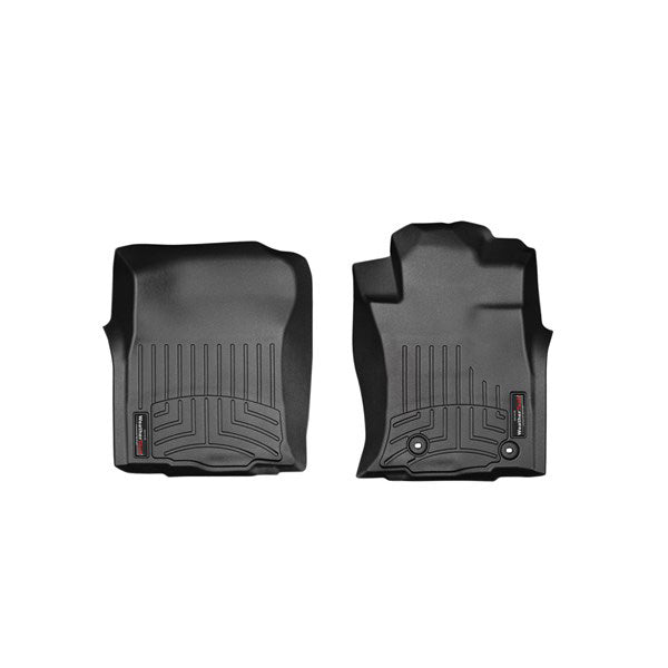 Weathertech Floorliner for Toyota Land Cruiser Prado J150 (2010-, 1st row) offers two black, grooved all-weather mats with raised edges and textured surfaces, ensuring durable front floor protection and featuring small rectangular brand tags.