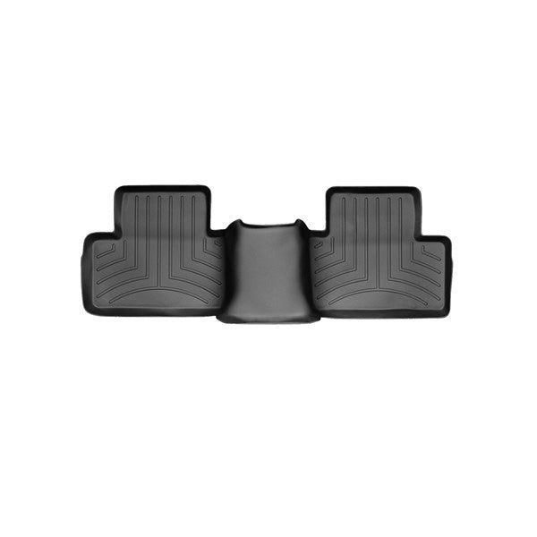 The WeatherTech Floorliner for Mitsubishi ASX (2013-, 1st Gen) 2nd Row offers black, custom-fit protection with raised edges and grooved channels for your rear seat carpet. Shown on a white background.
