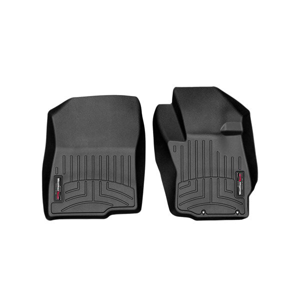 The Weathertech Floorliner for Mitsubishi Outlander/ASX (2013-2020) 1st Row features two black, contoured mats with textured surfaces, raised edges, and a labeled logo for advanced interior carpet protection on driver and passenger sides.