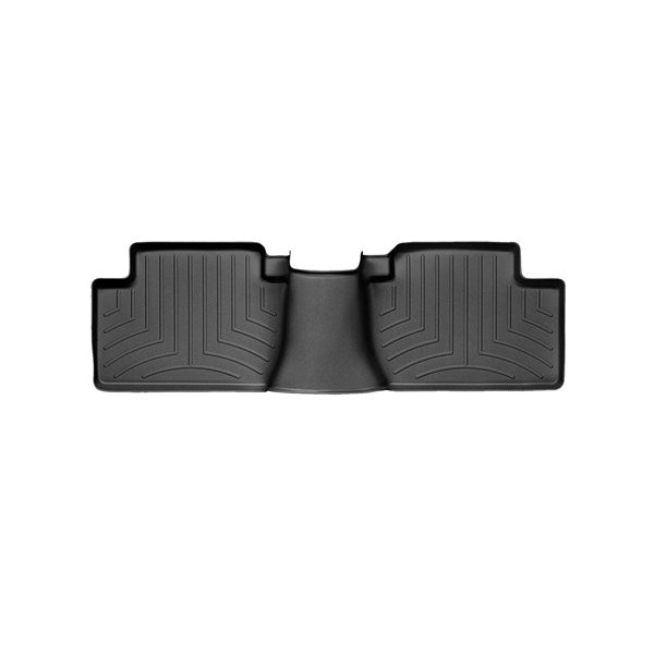 The WeatherTech Floorliner for Mitsubishi Outlander (2013-2020, 3rd Gen) 2nd row offers durable black all-weather rubber protection with raised edges and grooves, shielding your rear floor from dirt, water, and debris.