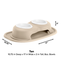 The WeatherTech Double Elevated Pet Feeding System by Weathertech features two white 8 oz bowls on a matching tray. Dimensions: 10.75" deep, 17" wide, 3" tall. Ergonomic design for your pet’s comfort; measurements shown in the image.