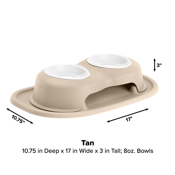 The WeatherTech Double Elevated Pet Feeding System by WeatherTech features two white, spill-proof 8 oz ergonomic bowls. With a stable wide, curved base, it measures 10.75" deep, 17" wide, and 3" tall for mess-free meals.
