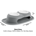 The WeatherTech Double Elevated Pet Feeding System by Weathertech features a dark grey curved base, two white 16 oz spill-proof bowls, and measures 12.25" deep by 19.75" wide by 4" tall for ergonomic, mess-free meals.