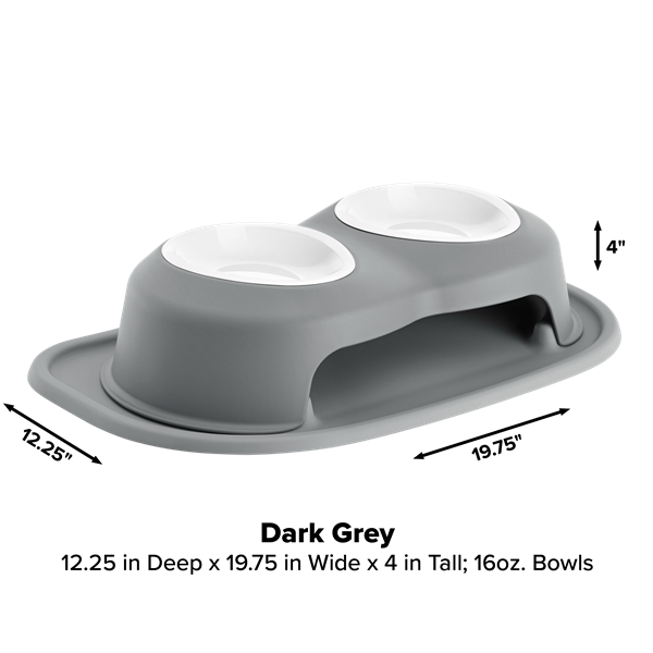 The WeatherTech Double Elevated Pet Feeding System by Weathertech features a dark grey curved base, two white 16 oz spill-proof bowls, and measures 12.25" deep by 19.75" wide by 4" tall for ergonomic, mess-free meals.