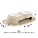 The WeatherTech Double Elevated Pet Feeding System by WeatherTech features a tan raised base with two 16 oz white bowls and a rimmed tray to catch spills. Dimensions: 12.25" deep, 19.75" wide, and 4" tall for ergonomic feeding.