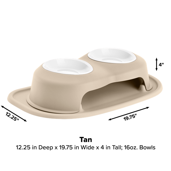 The WeatherTech Double Elevated Pet Feeding System by WeatherTech features a tan raised base with two 16 oz white bowls and a rimmed tray to catch spills. Dimensions: 12.25" deep, 19.75" wide, and 4" tall for ergonomic feeding.