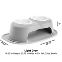 The WeatherTech Double Elevated Pet Feeding System features a light grey arched design with two 32 oz white spill-proof bowls. Sized 14.25"D x 22.75"W x 6"H, its raised base adds ergonomic comfort for your pet.