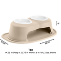 The WeatherTech Double Elevated Pet Feeding System by Weathertech features two white 32 oz spill-proof bowls on an elevated base with a tray. Dimensions: 14.25" deep, 22.75" wide, and 6" tall. Tan finish.