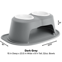 The WeatherTech Double Elevated Pet Feeding System by Weathertech features a grey plastic base and white bowls, offering an ergonomic design for comfortable dog feeding and a stylish accent for your pet's space.