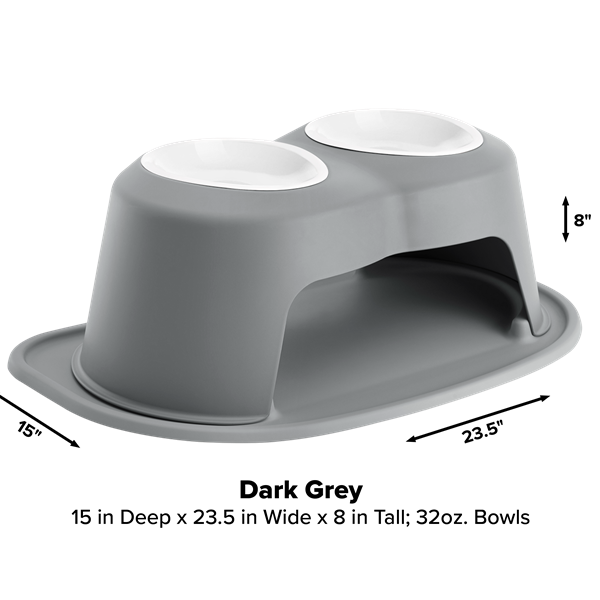 The WeatherTech Double Elevated Pet Feeding System by Weathertech features a grey plastic base and white bowls, offering an ergonomic design for comfortable dog feeding and a stylish accent for your pet's space.