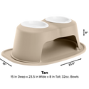 The WeatherTech Double Elevated Pet Feeding System features two 32 oz white spill-proof bowls atop a tan stand (15"D x 23.5"W x 8"H) with an arched opening for easy access and ergonomic design for your pet’s comfort.