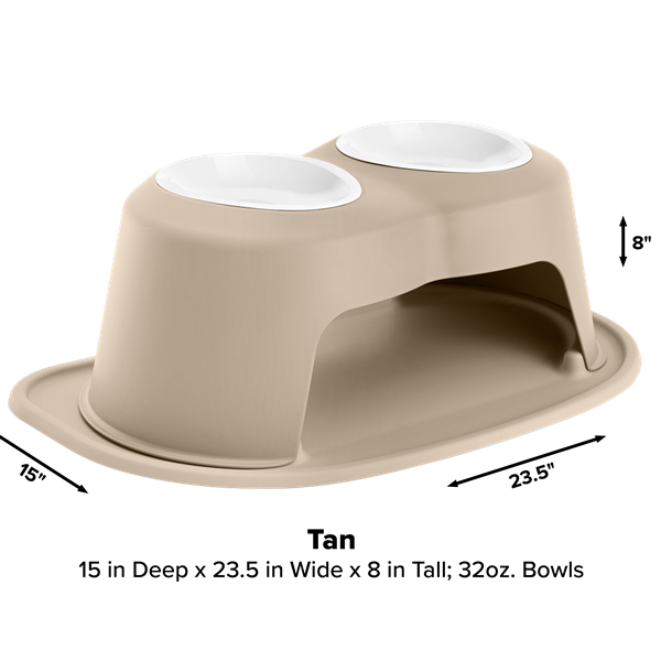 The WeatherTech Double Elevated Pet Feeding System features two 32 oz white spill-proof bowls atop a tan stand (15"D x 23.5"W x 8"H) with an arched opening for easy access and ergonomic design for your pet’s comfort.
