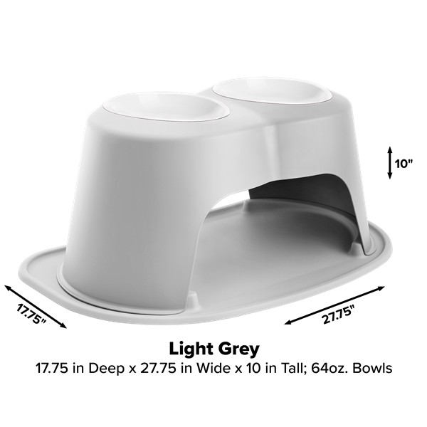 The WeatherTech Double Elevated Pet Feeding System by Weathertech features two 64-oz spill-proof bowls, arched openings for easy cleaning, and a stylish light grey design. Measures 17.75"D x 27.75"W x 10"H.