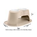 The WeatherTech Double Elevated Pet Feeding System by Weathertech includes two 64oz white bowls on a matching tan base. This ergonomic feeder measures 18.25" deep, 28.5" wide, and 12" tall; measurements are indicated with arrows.