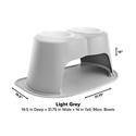 The WeatherTech Double Elevated Pet Feeding System by Weathertech is shown in light grey, featuring two 96 oz bowls. Dimensions: 19.5" deep, 31.75" wide, and 14" tall. Angled side view highlights its ergonomic design with labeled measurements.