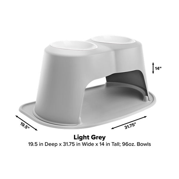 The WeatherTech Double Elevated Pet Feeding System by Weathertech is shown in light grey, featuring two 96 oz bowls. Dimensions: 19.5" deep, 31.75" wide, and 14" tall. Angled side view highlights its ergonomic design with labeled measurements.