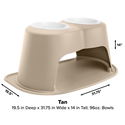 The WeatherTech Double Elevated Pet Feeding System by WeatherTech features two white, spill-proof 96 oz bowls on top of a tan base with an arched opening. Dimensions: 19.5"D x 31.75"W x 14"H.